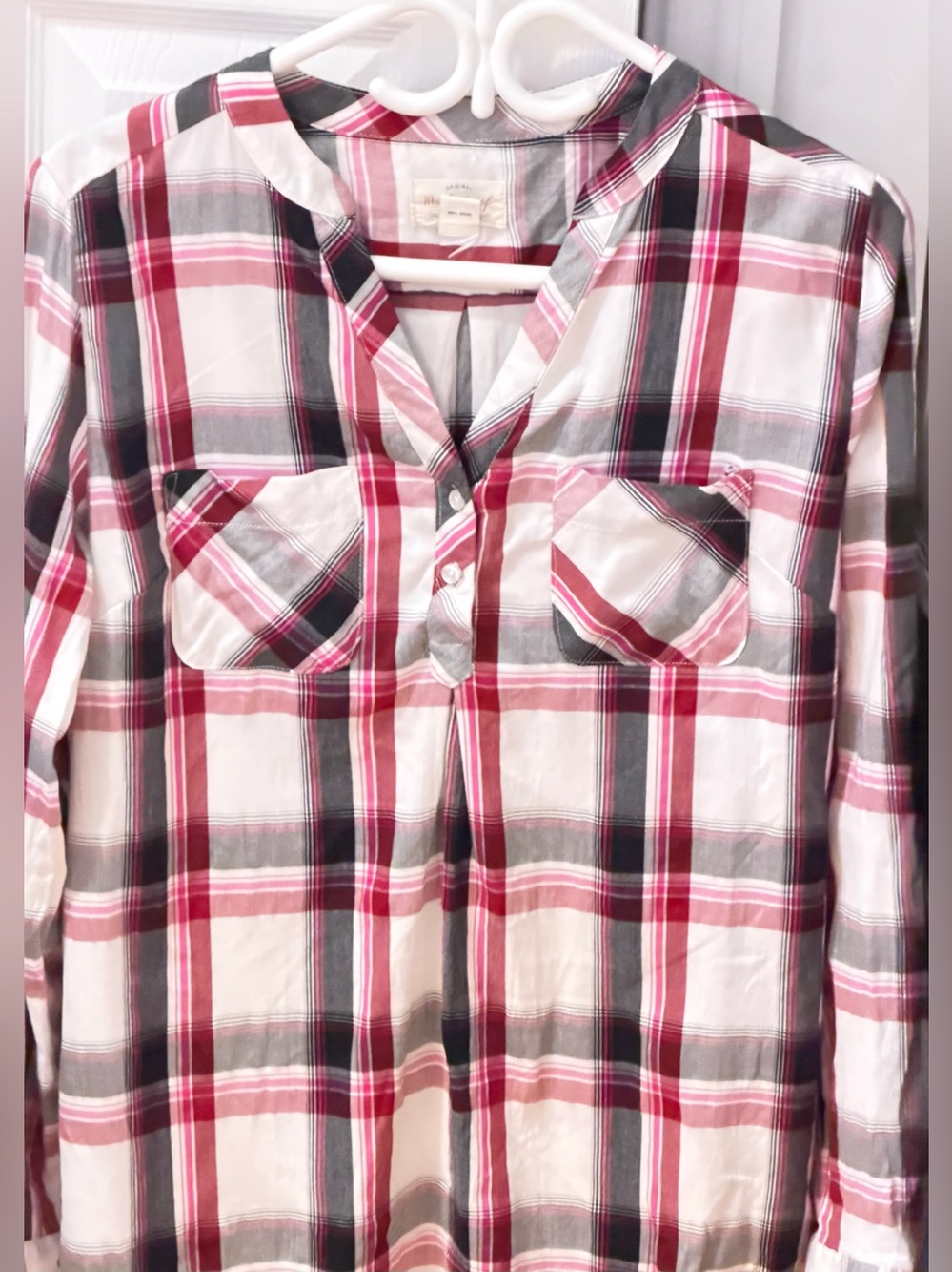 Weatherproof Vintage Red Pink Plaid Popover Blouse Size L